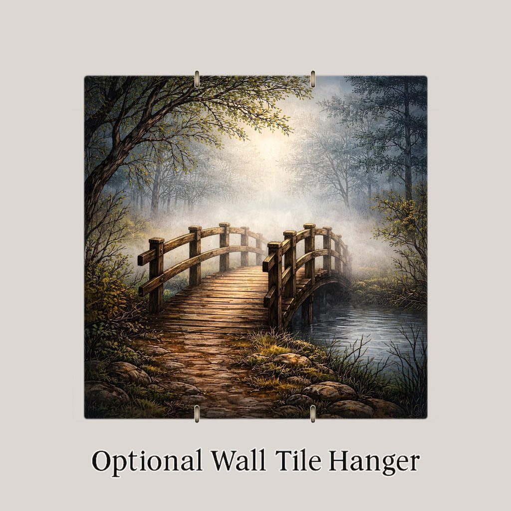 Foggy Woodland Bridge Peaceful Wall Art Ceramic Tile – Stained Glass Style, Nature Inspired Home Decor