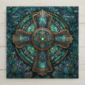 Stained glass style Celtic cross ceramic tile featuring intricate gold detailing, teal and emerald mosaic glass background, circular halo design, ornate Christian symbolism. Religious wall art for faith home decor and church-inspired interior styling.
