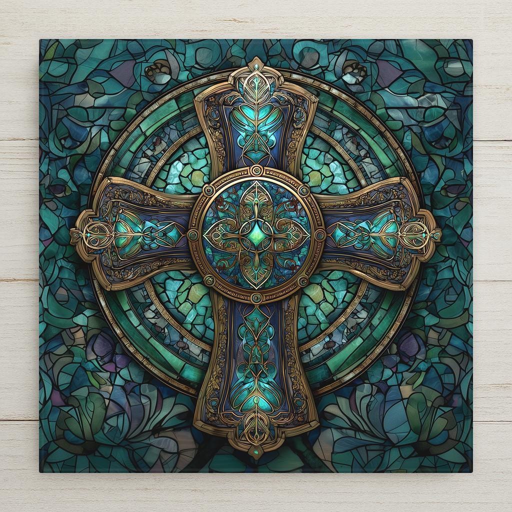 Stained glass style Celtic cross ceramic tile featuring intricate gold detailing, teal and emerald mosaic glass background, circular halo design, ornate Christian symbolism. Religious wall art for faith home decor and church-inspired interior styling.