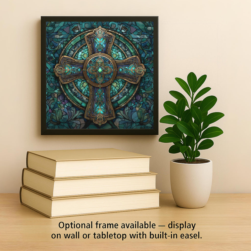 Celtic Cross Ceramic Art Tile – Stained Glass Style Christian Wall Decor, Irish Faith Religious Gift