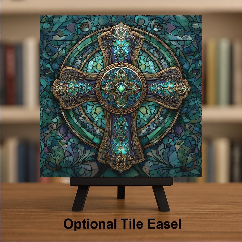 Celtic Cross Ceramic Art Tile – Stained Glass Style Christian Wall Decor, Irish Faith Religious Gift