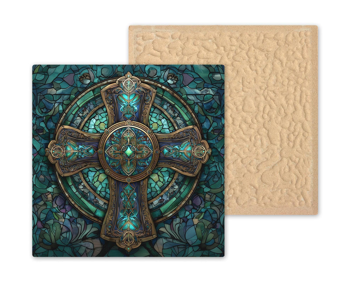 Celtic Cross Ceramic Art Tile – Stained Glass Style Christian Wall Decor, Irish Faith Religious Gift