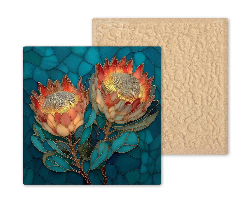 King Protea Botanical Wall Art Ceramic Tile – Tropical Flower Wall Decor – Stained Glass Style Floral Home Decor – Nature Inspired Tile