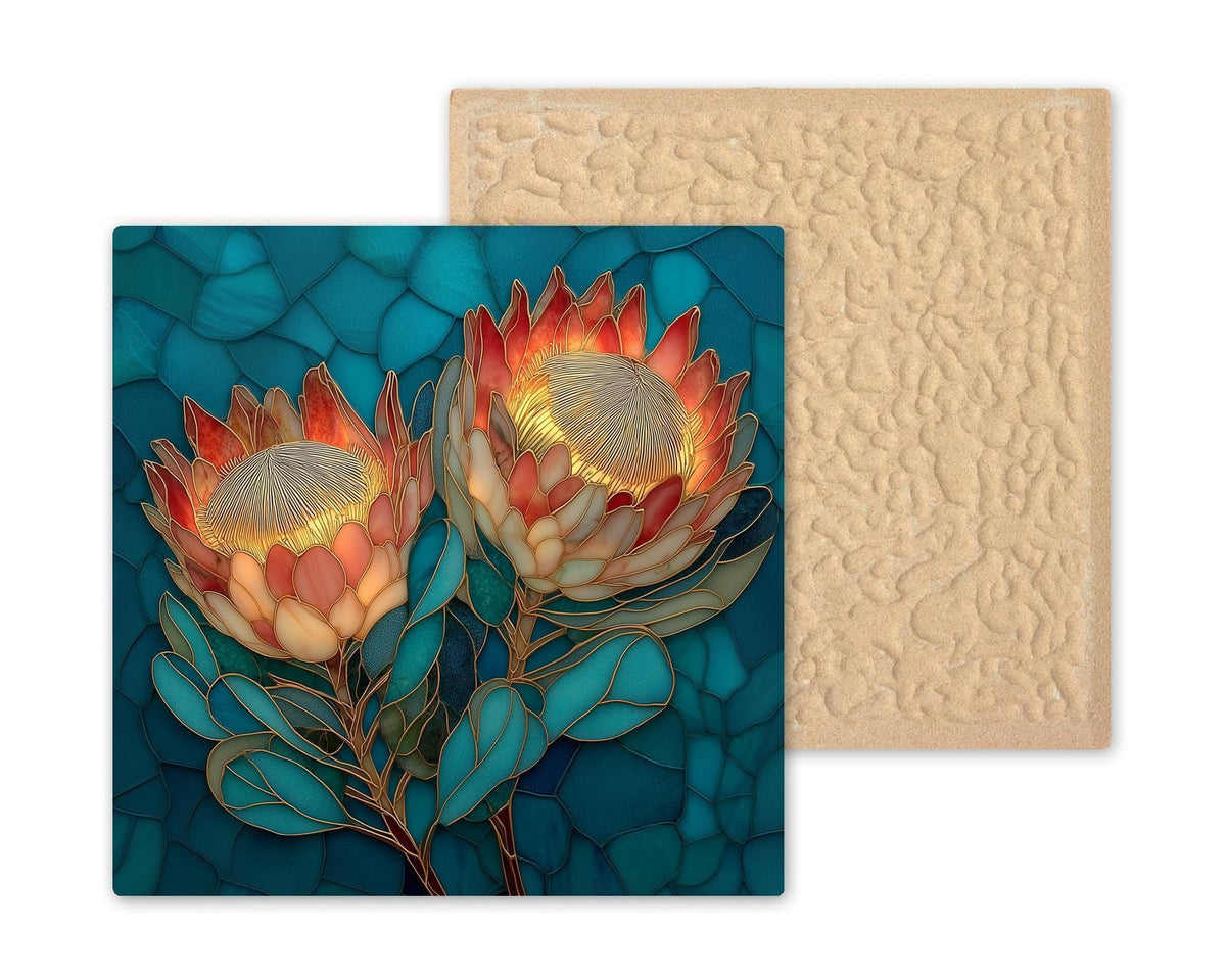 King Protea Botanical Wall Art Ceramic Tile – Tropical Flower Wall Decor – Stained Glass Style Floral Home Decor – Nature Inspired Tile