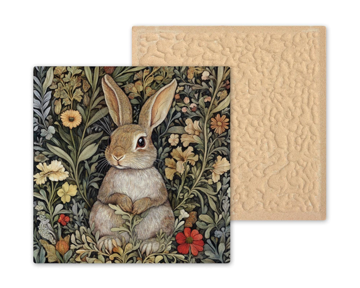 This woodland bunny ceramic tile features a sweet rabbit surrounded by intricate floral art in the style of William Morris. Perfect as wall art, a kitchen trivet, or a rabbit-themed gift for cottagecore and nature lovers.