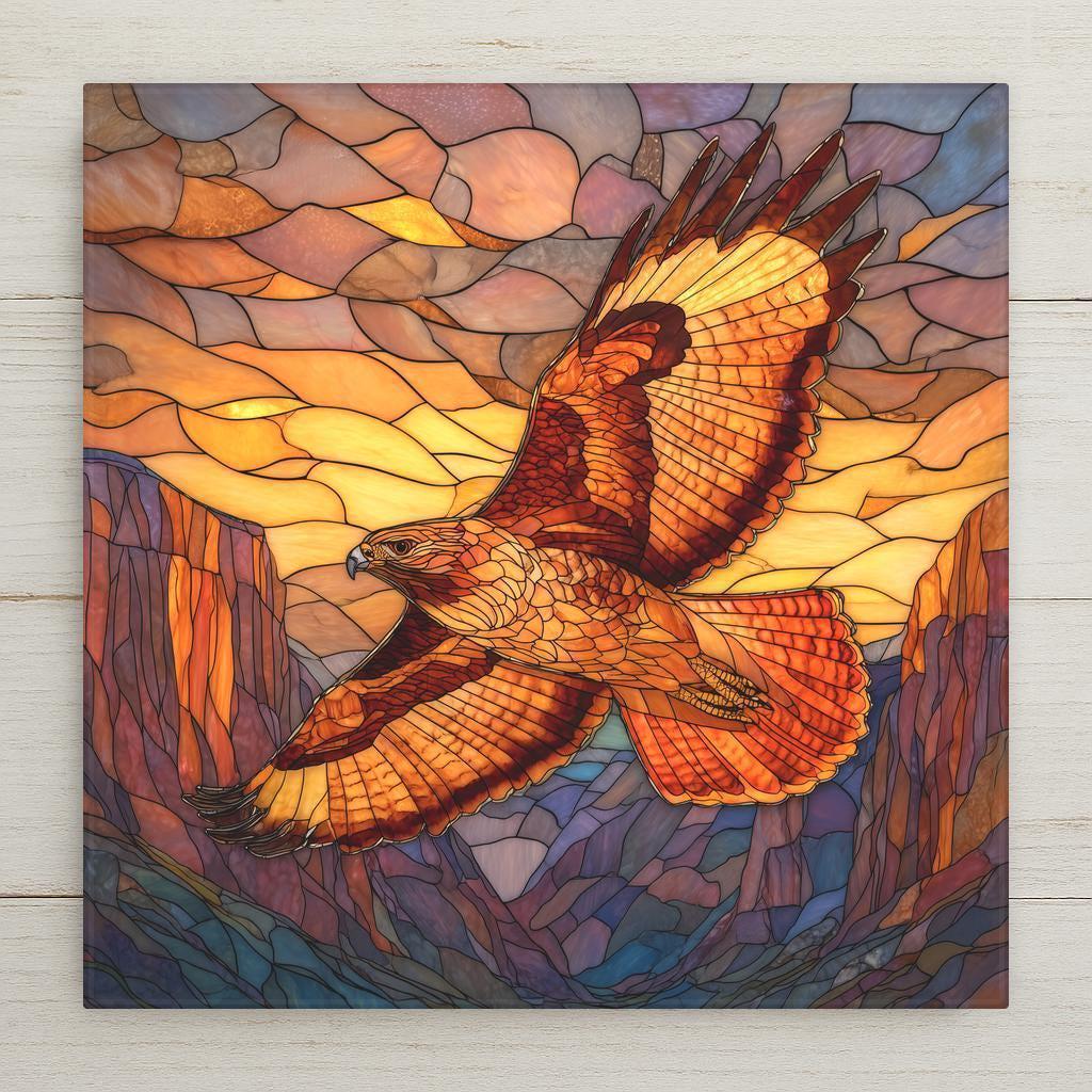 stained glass red tailed hawk flying over mountains sunset ceramic tile art