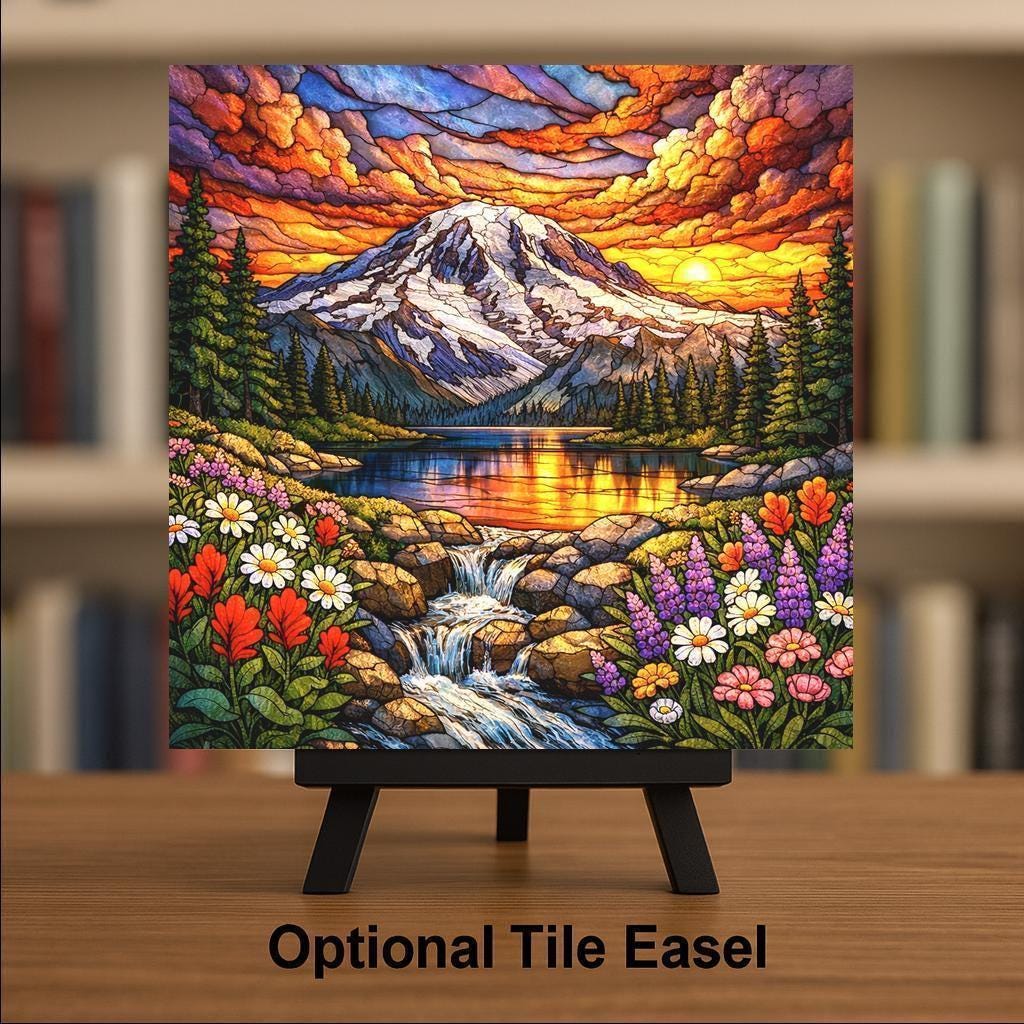 Mount Rainier Wall Art Ceramic Tile Stained Glass Style Landscape Washington Mountain Decor Nature Gift Tile