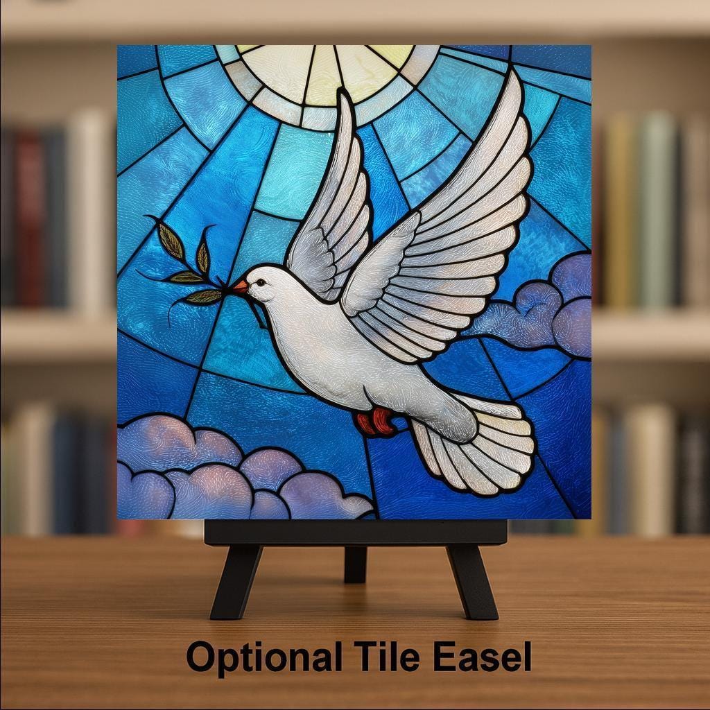 Dove of Peace Wall Art Ceramic Tile Stained Glass Style Christian Gift Faith Decor Memorial Nature