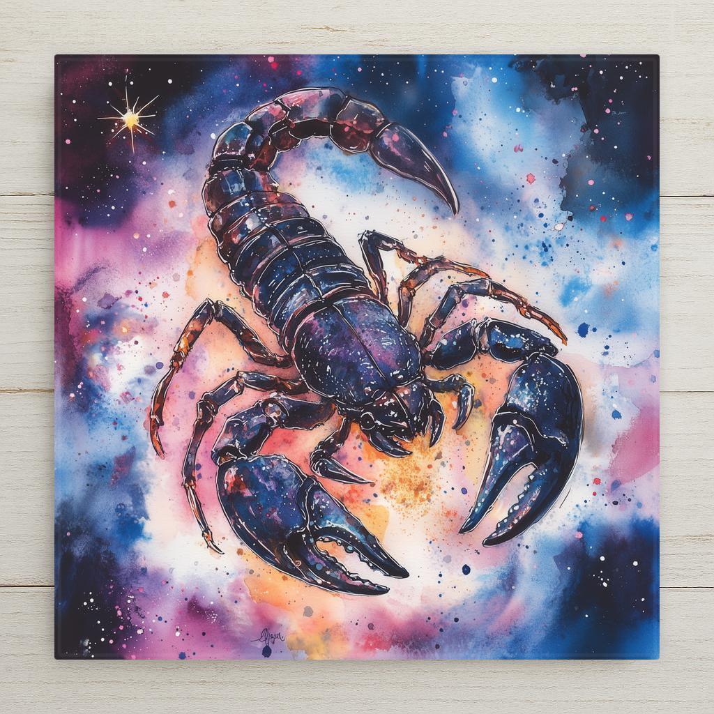 Bold Scorpio zodiac tile featuring a detailed scorpion against a cosmic galaxy background. Intense and mysterious—perfect for astrology lovers.