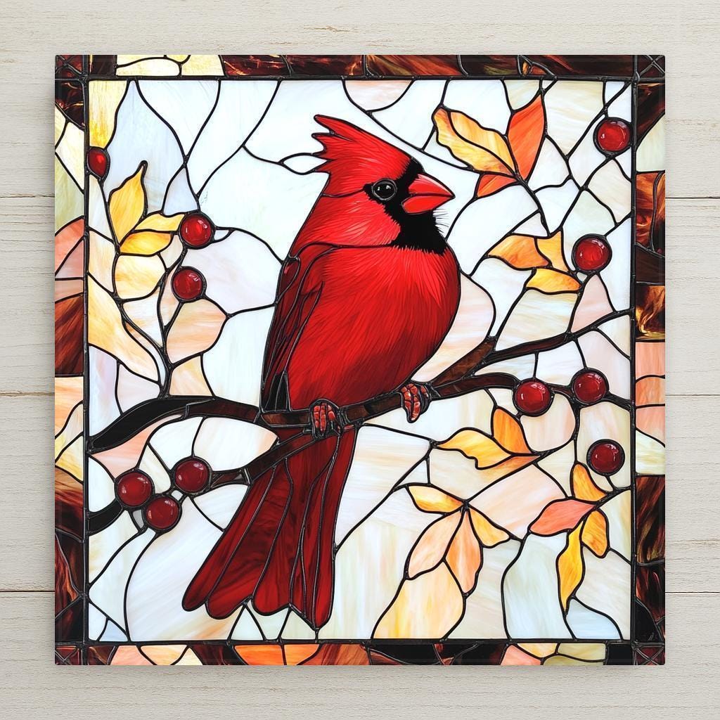 Red cardinal ceramic tile with stained glass design wall art. A beautiful memorial or sympathy gift, ideal for bird lovers or remembrance wall decor. Features a vivid red bird with berries and fall leaves, symbolizing peace, comfort, and presence. Crafted from ceramic with a glossy finish, perfect for walls, altars, or as a thoughtful seasonal gift. A timeless piece of nature-inspired art to celebrate life and honor memory with color and grace.