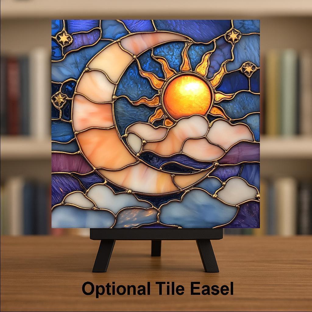 Sun and Moon Wall Art Ceramic Tile Celestial Gift Stained Glass Style Spiritual Decor Boho Moon Nature Art Lunar Gift