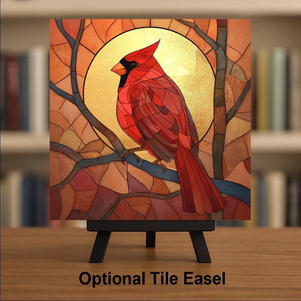 Cardinal Ceramic Art Tile – Stained Glass Style Bird Wall Decor, Sunrise Rustic Nature Bird Lover Gift