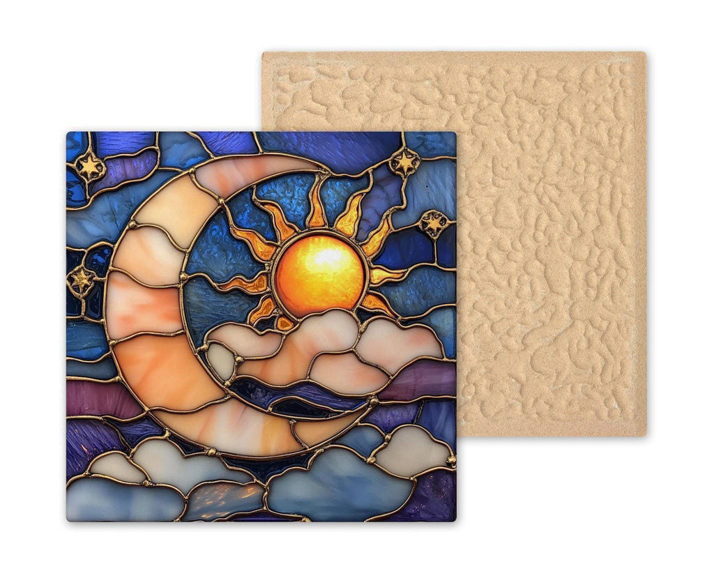 Sun and Moon Wall Art Ceramic Tile Celestial Gift Stained Glass Style Spiritual Decor Boho Moon Nature Art Lunar Gift