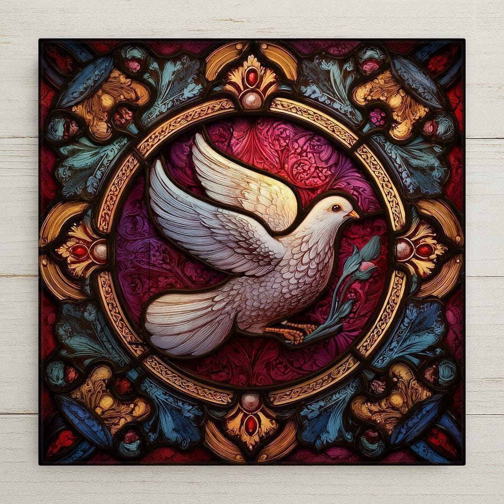 Stained glass style white dove ceramic tile with olive branch and cobalt blue cathedral glow, gold accent, a vivid spiritual gift or sympathy keepsake.