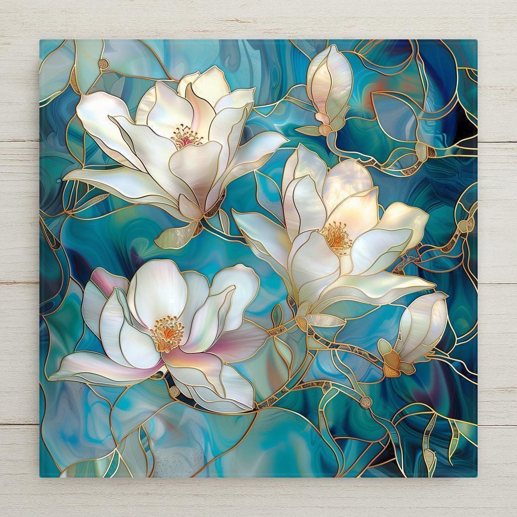 Magnolia Stained Glass Ceramic Tile Art featuring luminous white blossoms with golden outlines on a teal background. Inspired by Art Nouveau and botanical stained glass, this tile makes a stunning piece of wall art or home décor. Perfect gift for gardeners, flower lovers, or Art Nouveau enthusiasts. Optional add-ons: tile wall hanger, easel tile stand, cork backing.