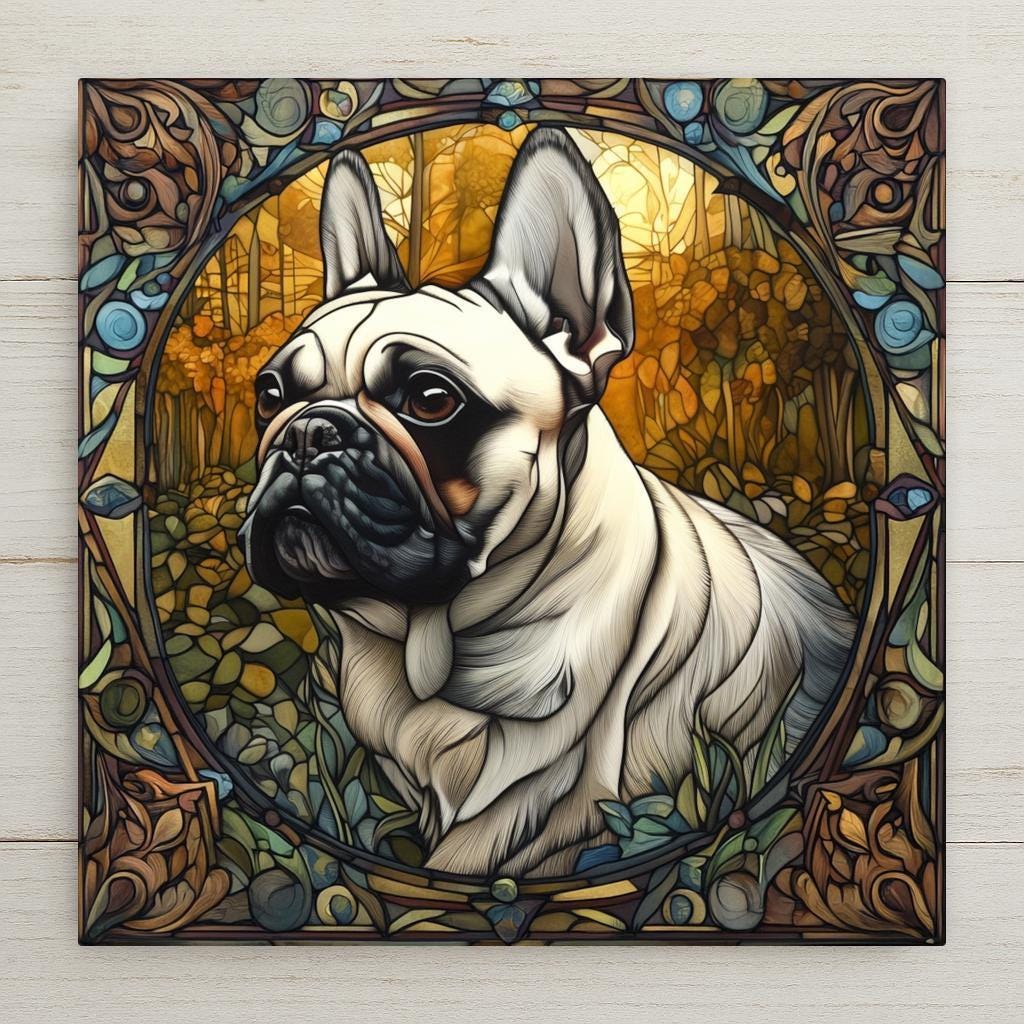 Stained glass style ceramic art tile of a French Bulldog portrait framed in leaded glass with an autumn forest behind — a dog memorial and remembrance keepsake for pet loss.
