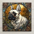 Stained glass style ceramic art tile of a French Bulldog portrait framed in leaded glass with an autumn forest behind — a dog memorial and remembrance keepsake for pet loss.