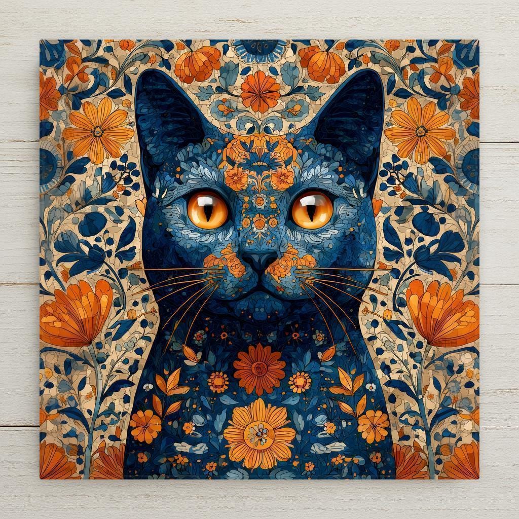 Bold floral cat stained glass style wall art ceramic tile in orange and blue tones. A radiant feline accent for cottagecore, boho, or eclectic decor. Perfect gift for pet lovers and flower enthusiasts and home decor. Optional tile wall hanger, easel tile stand, or cork backing available.