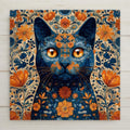 Bold floral cat stained glass style wall art ceramic tile in orange and blue tones. A radiant feline accent for cottagecore, boho, or eclectic decor. Perfect gift for pet lovers and flower enthusiasts and home decor. Optional tile wall hanger, easel tile stand, or cork backing available.