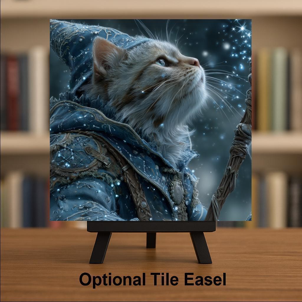 Wizard Cat Ceramic Art Tile – Dark Academia Celestial Wall Decor, Witchy Mystical Cat Lover Accent