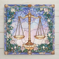 A celestial Libra zodiac tile in stained glass style with roses, vines, and glowing balance scales. Elegant wall art or zodiac gift for Libra signs.