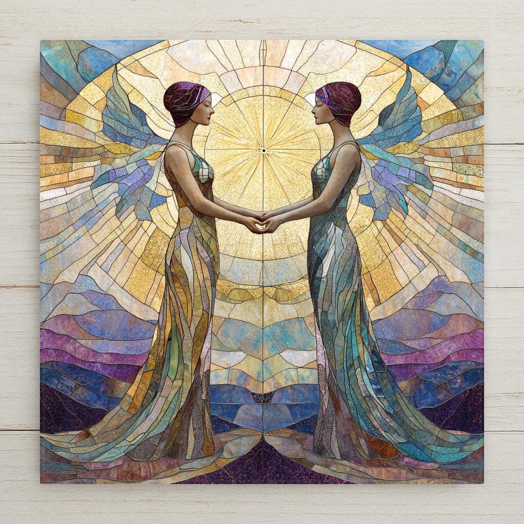 Gemini zodiac tile with mirrored twins and celestial wings in stained glass style. Ideal birthday gift or home décor for May and June air signs.
