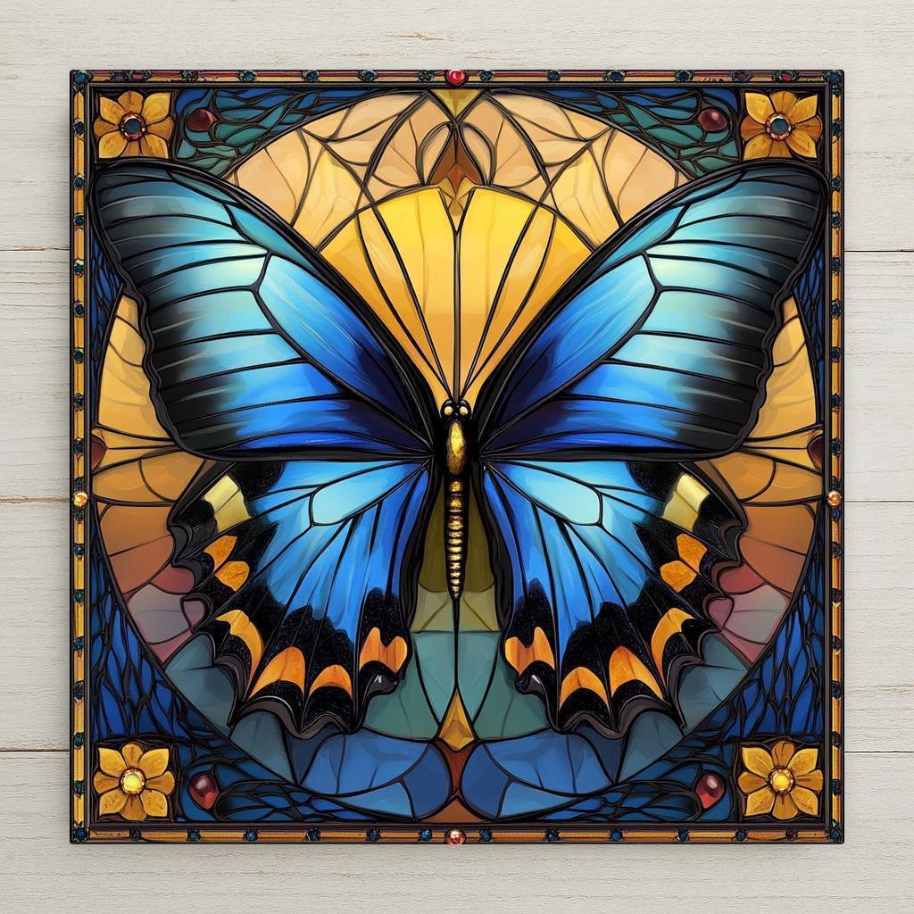 This stunning wall art ceramic art tile features a luminous blue butterfly with fiery orange and golden accents, rendered in exquisite stained glass style home decor. Outlined in deep black lines and bursting with color, the butterfly is set against a geometric mosaic frame with florals, filigree, and jewel-toned detail. A perfect centerpiece for collectors of butterfly art, fantasy lovers, and stained-glass enthusiasts.