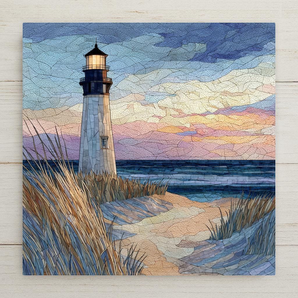 Lighthouse ceramic tile wall art featuring a stained glass-style coastal scene with a lighthouse on sandy dunes beside the ocean. Soft blue, beige, and pastel sky tones create calm beach decor. Printed on ceramic tile with fine detail. Designed for shelf or wall display with optional tile wall hanger, easel tile stand, cork backing, or premium frame.