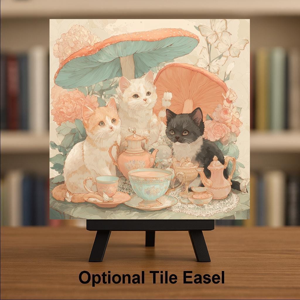 Kitten Tea Party Wall Art Ceramic Tile Cottagecore Cat Decor Garden Party Gift Cat Tile