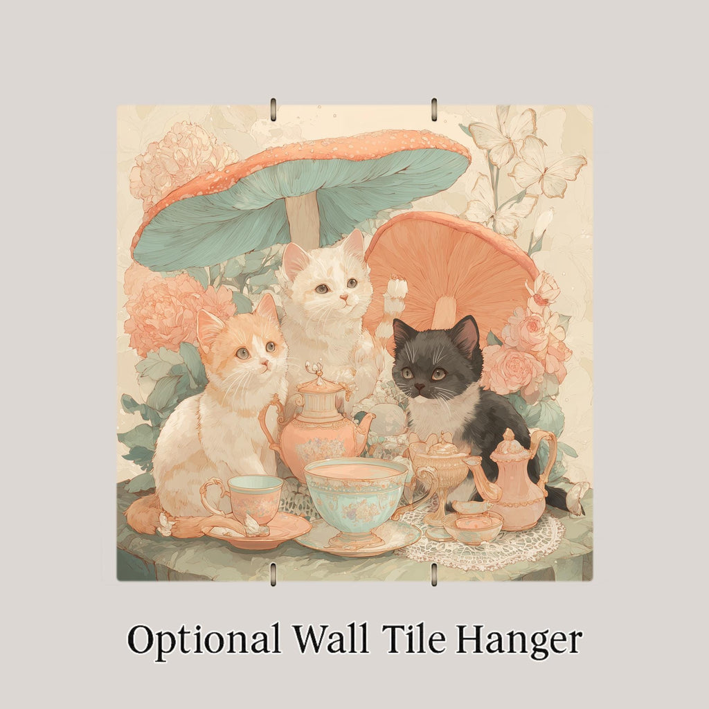 Kitten Tea Party Wall Art Ceramic Tile Cottagecore Cat Decor Garden Party Gift Cat Tile
