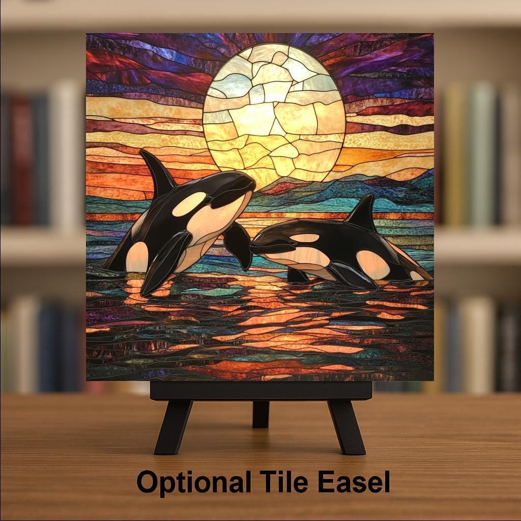 Orca Whale Sunset Stained Glass Style Ceramic Art Tile: Coastal Wall Decor Beach House Accent Ocean Home Decor Wall Art