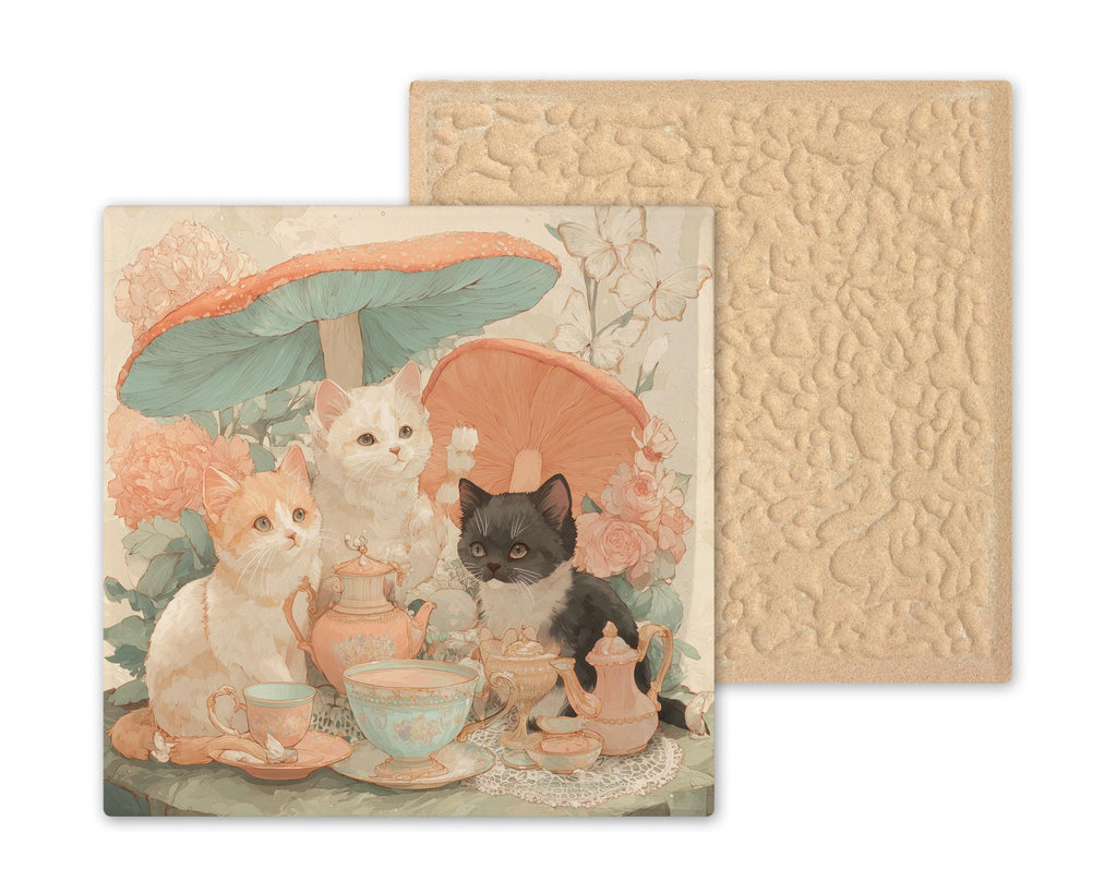 Kitten Tea Party Wall Art Ceramic Tile Cottagecore Cat Decor Garden Party Gift Cat Tile