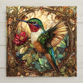 Vibrant hummingbird ceramic tile with stained glass floral style. Use as wall decor, coaster, or trivet. Optional hanger, stand, or cork backing available.