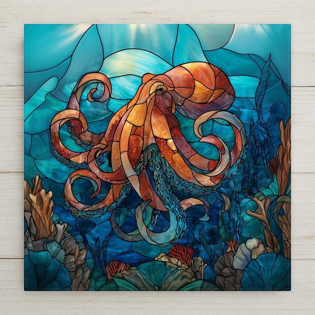 Stained glass style octopus ceramic tile with curling tentacles, coral reef details, and deep blue ocean tones.