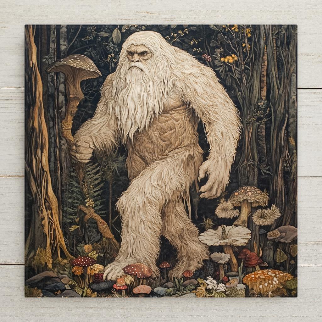Art nouveau style bigfoot ceramic tile wall art showing a white long-haired sasquatch with a mushroom staff in a dense botanical forest of ferns and toadstools, William Morris style woodland decor