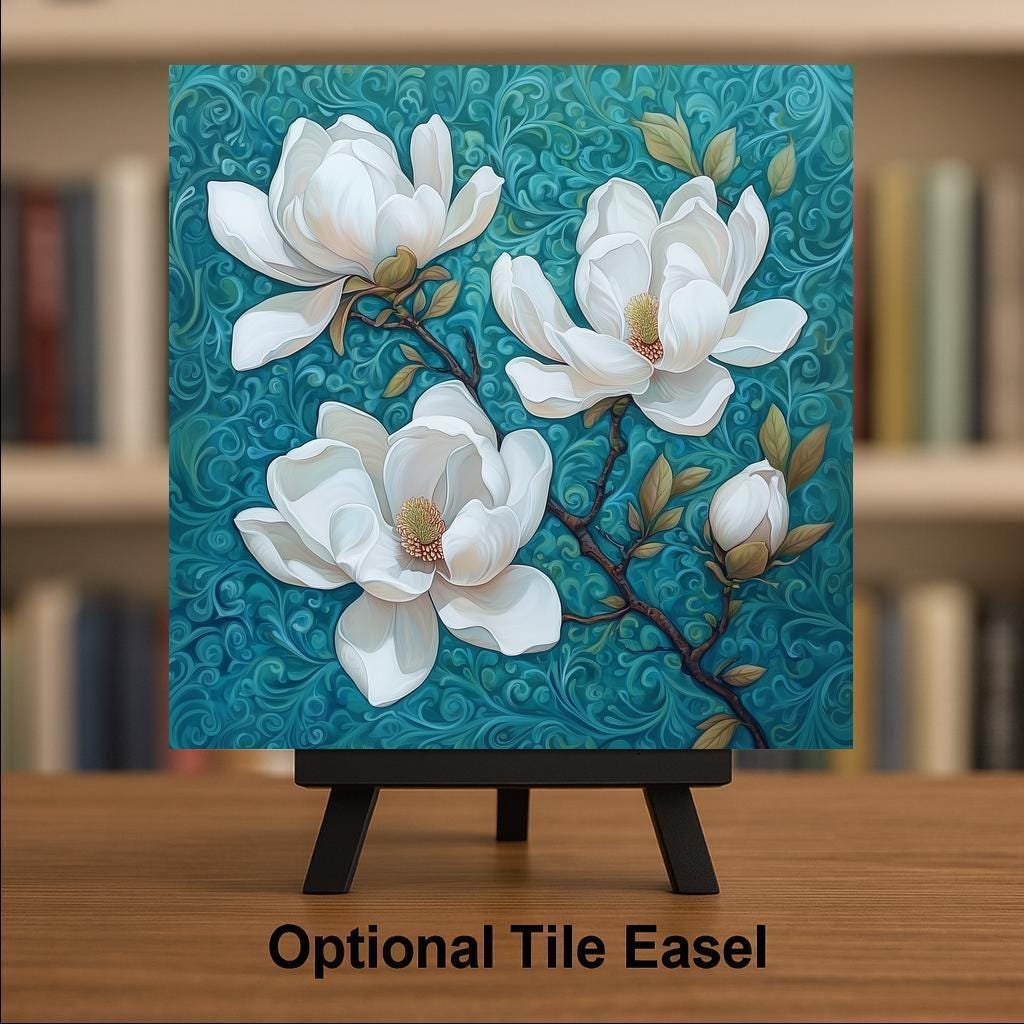Magnolia Blossoms Stained Glass Style Ceramic Art Tile: Nature Wall Decor Floral Home Decor Art Lover Gift Wall Art