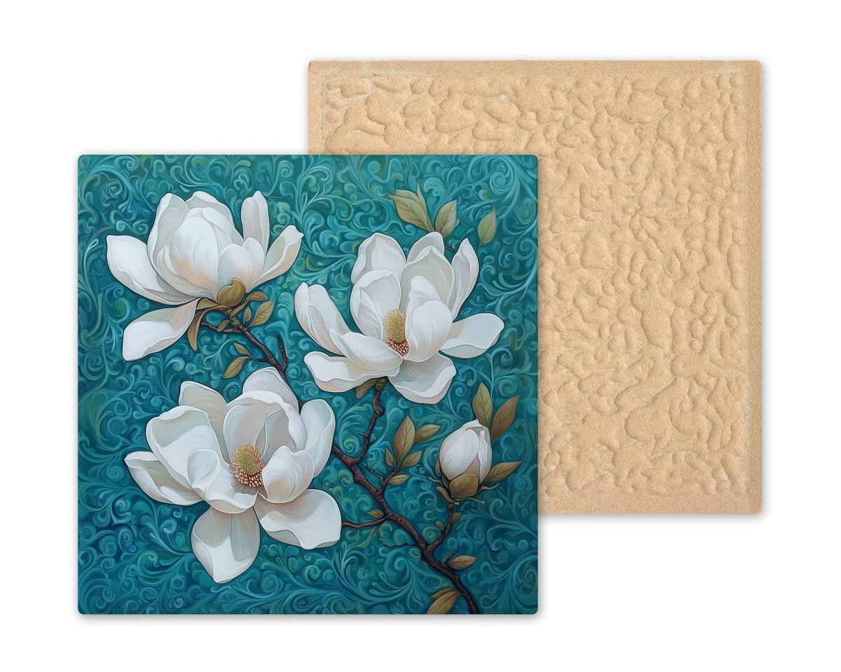 Magnolia Blossoms Stained Glass Style Ceramic Art Tile: Nature Wall Decor Floral Home Decor Art Lover Gift Wall Art