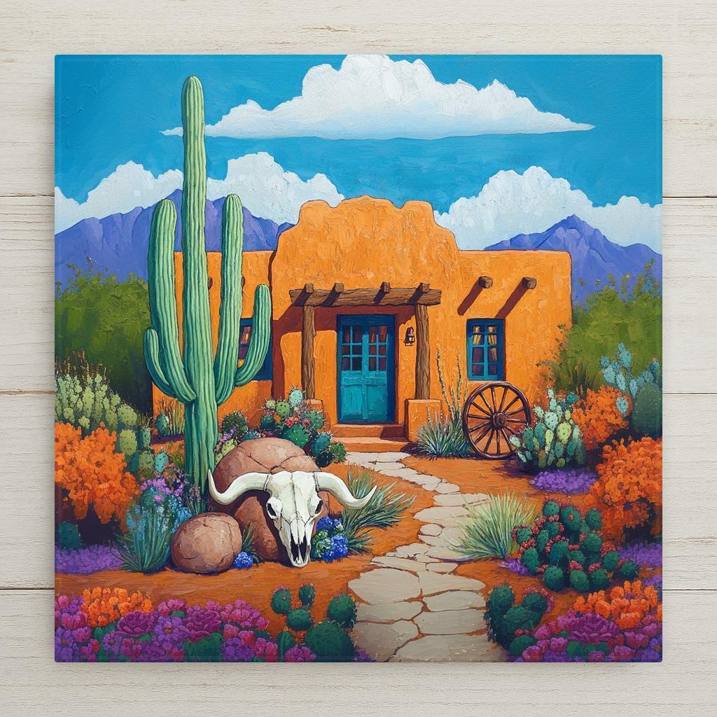 Bring the rustic charm of the Desert Southwest into your home decor with this handmade ceramic tile wall art. Inspired by traditional Adobe House architecture in Arizona and New Mexico, this piece features a classic Wagon Wheel design. Use this versatile tile as a trivet, coaster, or wall decor to add a touch of Mexican Art to your space. Perfect for those who love unique home decor and folk art.