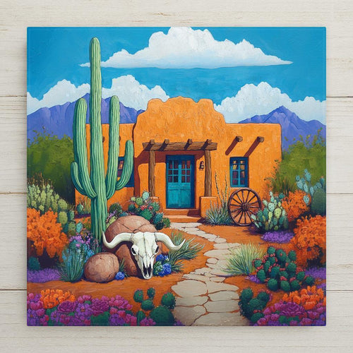 Bring the rustic charm of the Desert Southwest into your home decor with this handmade ceramic tile wall art. Inspired by traditional Adobe House architecture in Arizona and New Mexico, this piece features a classic Wagon Wheel design. Use this versatile tile as a trivet, coaster, or wall decor to add a touch of Mexican Art to your space. Perfect for those who love unique home decor and folk art.