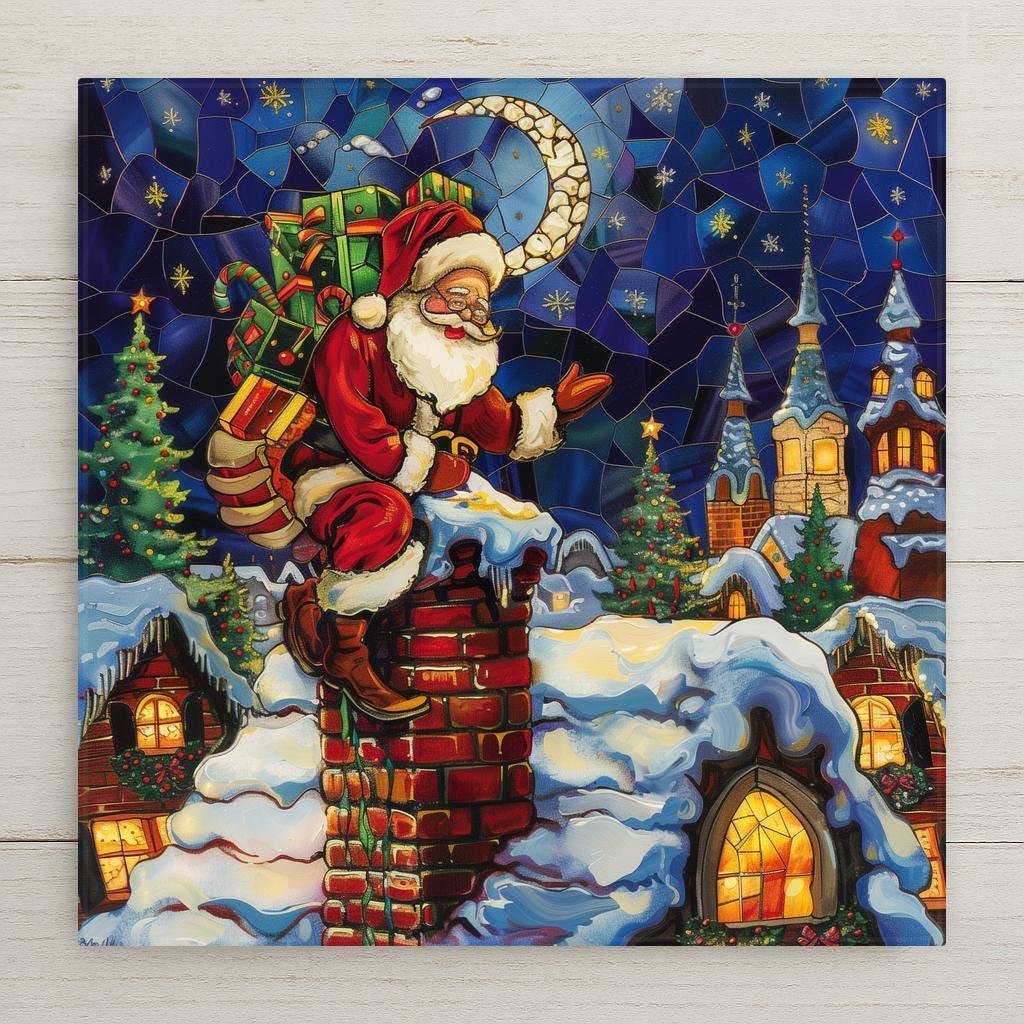 Stained glass–style ceramic tile featuring Santa on a snowy chimney with his bag of toys under a crescent moon and starry sky home decor. While it may look like stained glass or mosaic, this is a permanent print on tile. Printed with premium inks for lasting vivid color. Optional add-ons include a tile wall hanger, easel tile stand, or cork backing. Perfect for Christmas décor, festive wall art, or seasonal holiday gifts.