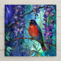Bright robin and wisteria tile wall art. Printed stained glass-style design on ceramic home decor. Optional tile wall hanger, cork backing, or tile stand available.
