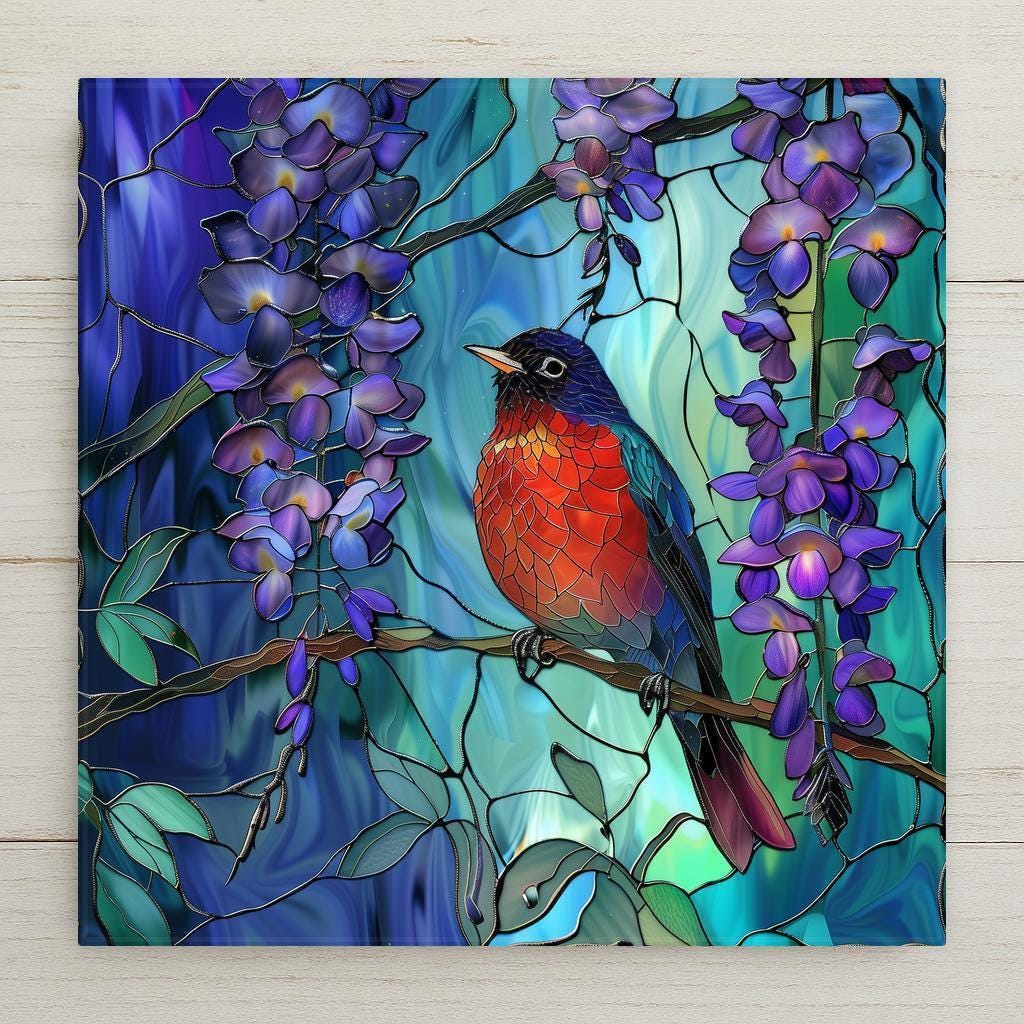 Bright robin and wisteria tile wall art. Printed stained glass-style design on ceramic home decor. Optional tile wall hanger, cork backing, or tile stand available.