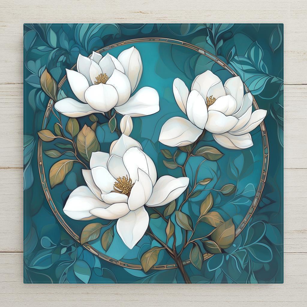 Elegant magnolia blossoms bloom in Art Nouveau style on this ceramic tile. A beautiful floral wall accent and a thoughtful gift for her or flower lovers.