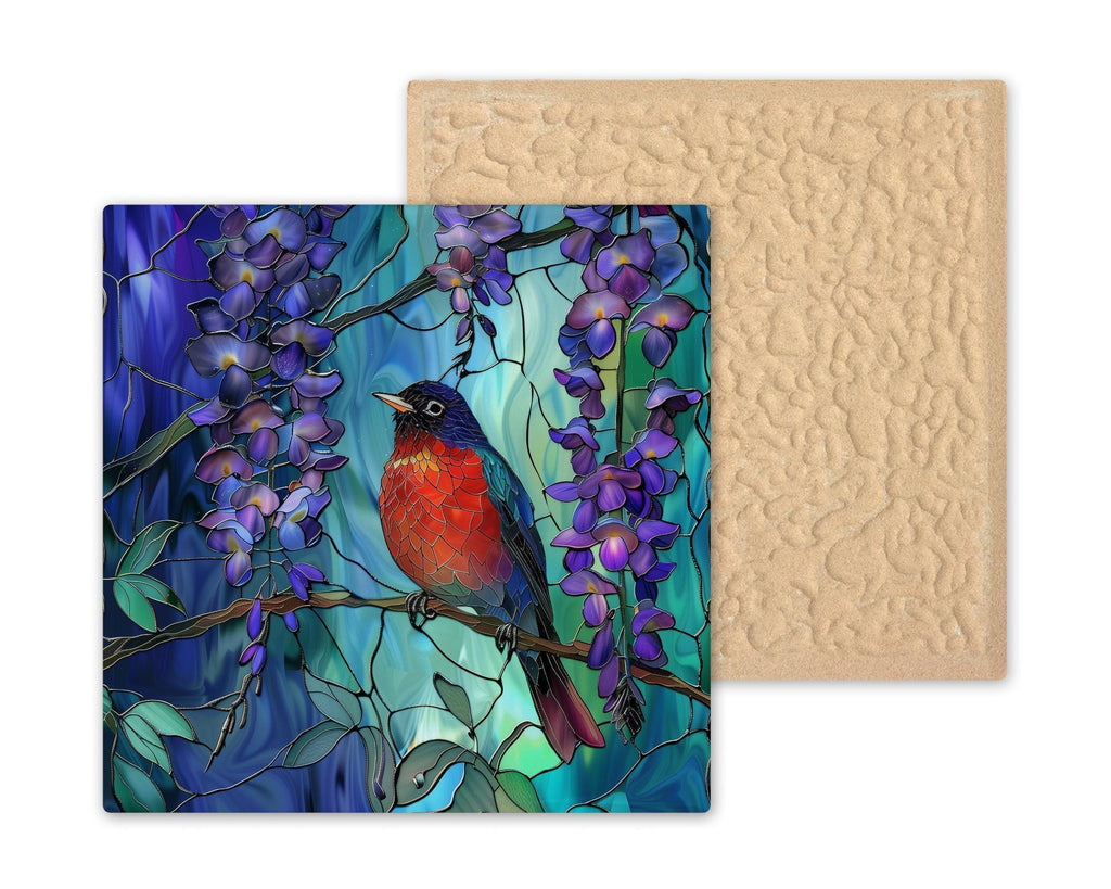 Red Robin Ceramic Art Tile – Stained Glass Style Wisteria Garden Bird Wall Decor, Bird Lover Spring Gift