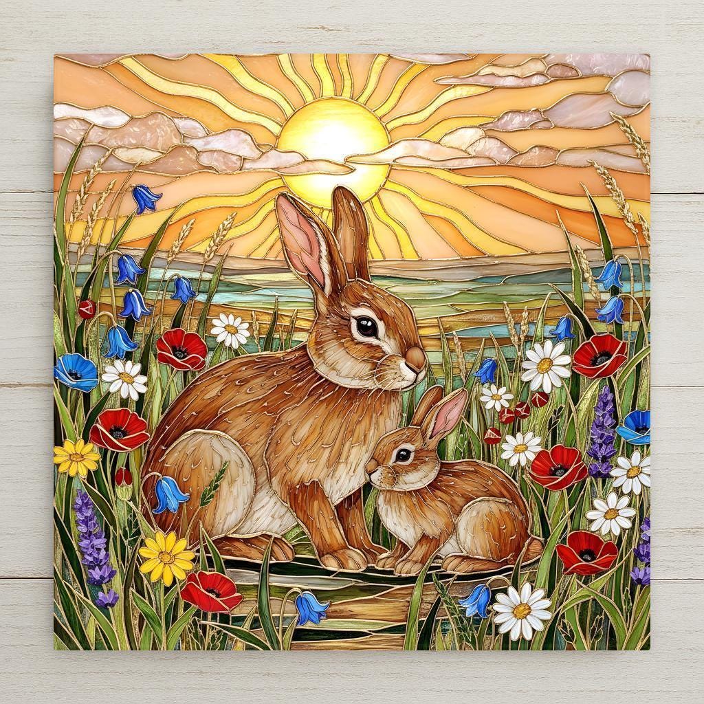 Stained glass style ceramic art tile of a mother and baby rabbit in a wildflower meadow at sunrise, framed by poppies daisies bluebells and lavender, styled for a woodland nursery.