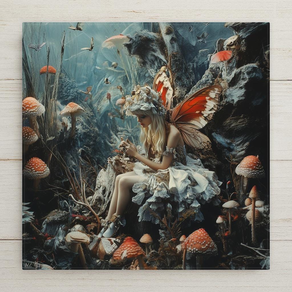 Step into a dreamy forest world with this fairycore ceramic art tile, showcasing a delicate woodland fairy surrounded by glowing mushrooms, fluttering butterflies, and softly lit tree roots. With her butterfly wings in rich orange and cream, a floral crown, and a lace-trimmed dress, she appears mid-whisper in communion with nature.