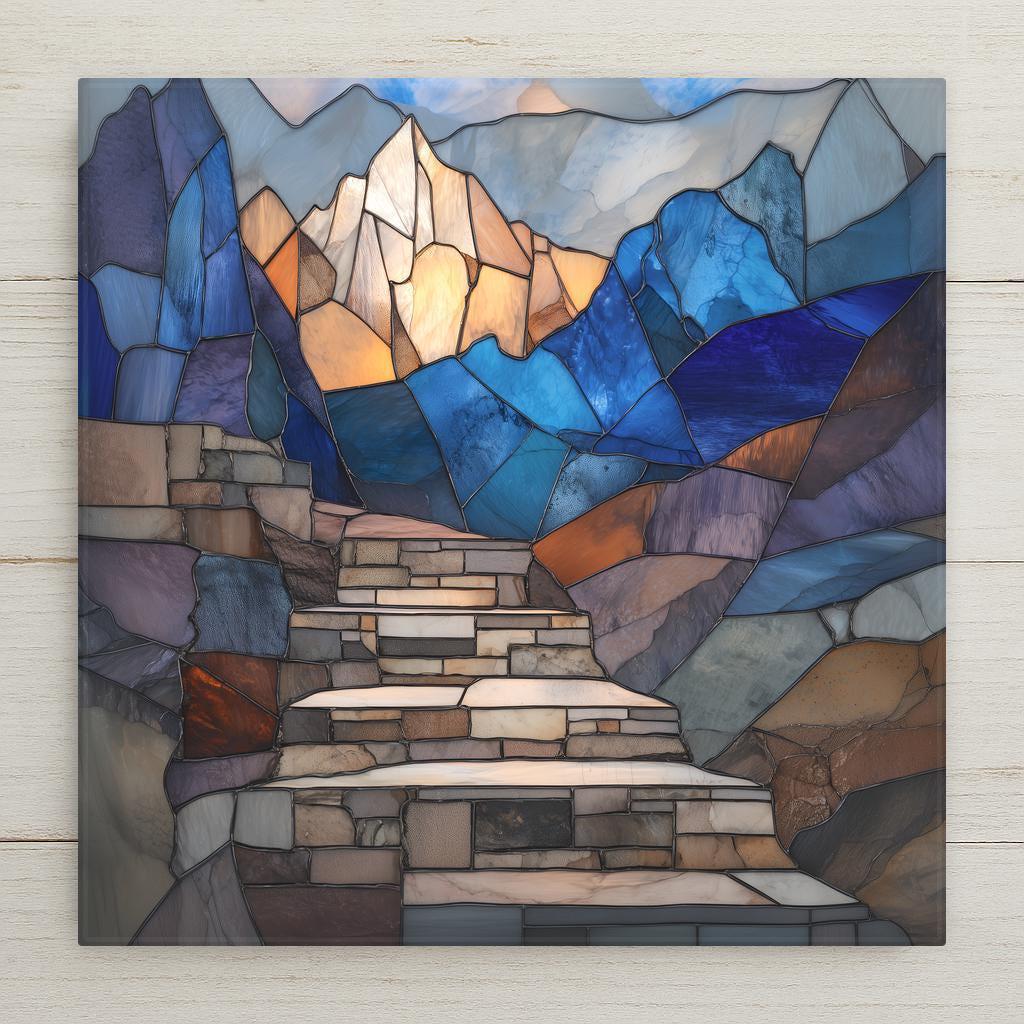 Mountain stairway ceramic tile wall decor showing stone steps rising between layered blue and earth-tone mountains toward a glowing peak. Stained glass–style look. Printed tile, not real glass.
