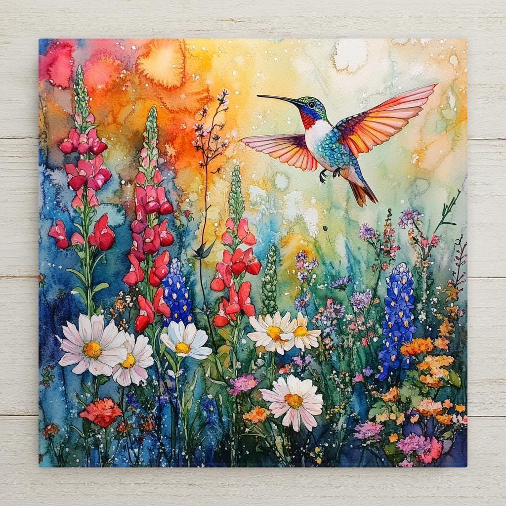 Add a touch of whimsy to your home with this charming ceramic tile art featuring colorful hummingbirds and wildflowers like poppies, daisies, Texas bluebonnets, and snapdragons. Each piece is hand-painted in vibrant watercolors, making it the perfect addition to your floral-themed home decor. Brighten up any space with this unique and whimsical wall decor!