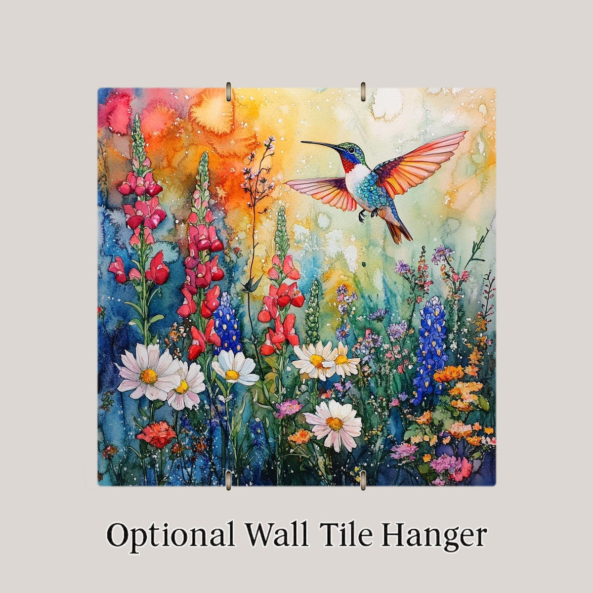 Hummingbird Wall Art Ceramic Tile Watercolor Floral Gift Poppy Bluebell Garden Decor Birdwatcher Nature