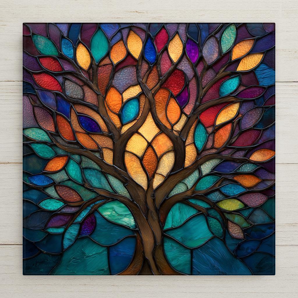 Tree of Life ceramic tile wall art in a colorful stained glass–style design with vibrant jewel-tone leaves and flowing branches. This is a permanent printed ceramic tile, not real stained glass or mosaic. Ideal for symbolic wall decor and meaningful home decor. Optional tile wall hanger, easel tile stand, cork backing, and premium frame available.